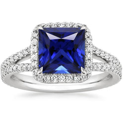 Bague Halo Saphir Bleu et Diamant 6.5 Carat Princesse avec Accent