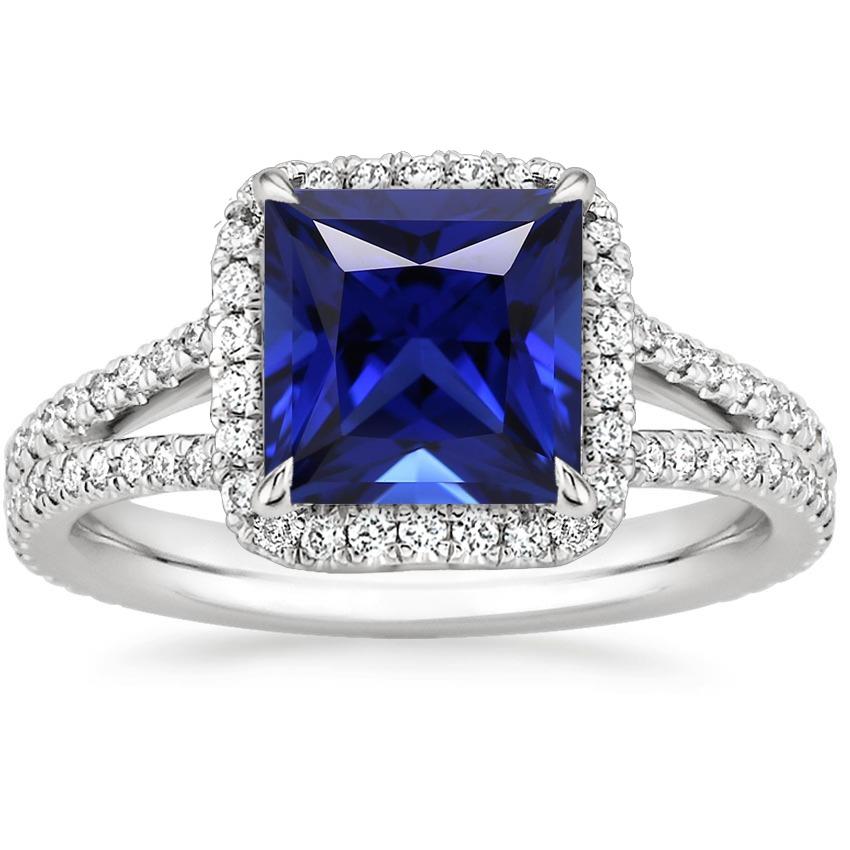 Bague Halo Saphir Bleu et Diamant 6.5 Carat Princesse avec Accent - HarryChadEnt.FR