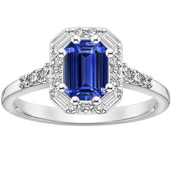Bague Halo Saphir Sri Lankais & Diamant 4 Carats Taille Emeraude