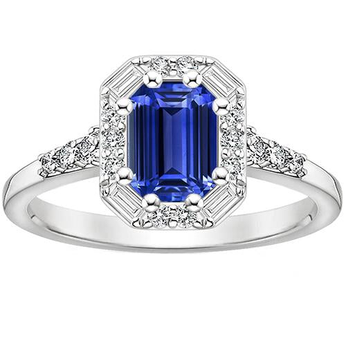 Bague Halo Saphir Sri Lankais & Diamant 4 Carats Taille Emeraude - HarryChadEnt.FR