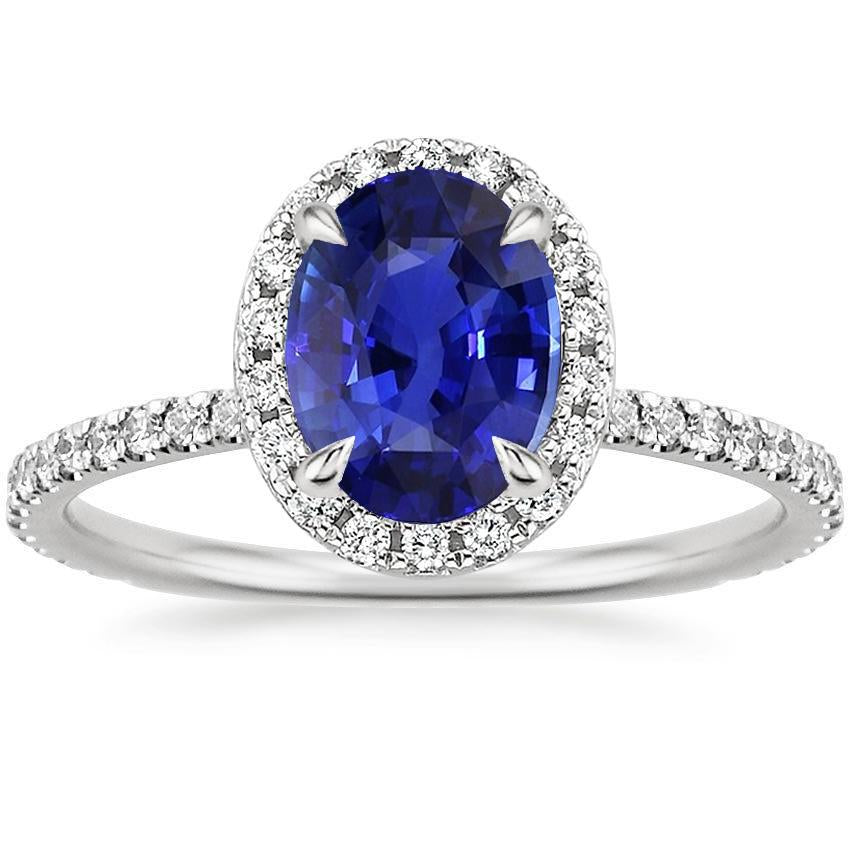 Bague Halo Saphir de Ceylan taille ovale et serti de diamants 4 carats - HarryChadEnt.FR