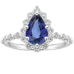 Bague Halo Style Fleur Poire Saphir Bleu & Diamants 5 Carats