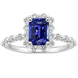Bague Halo Style Fleur Radiant Saphir Bleu & Diamant 4.25 Carats