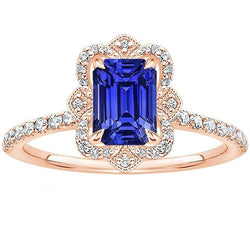 Bague Halo Style Fleur Saphir Bleu Émeraude & Diamant 4.25 Carats