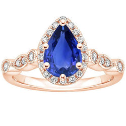 Bague Halo Style Vintage Poire Saphir Bleu & Diamants 4 Carats