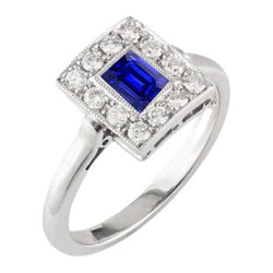 Bague Halo Style Vintage Saphir en Forme d'Émeraude 2 Carats Or Millgrain