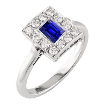 Bague Halo Style Vintage Saphir en Forme d'Émeraude 2 Carats Or Millgrain - HarryChadEnt.FR