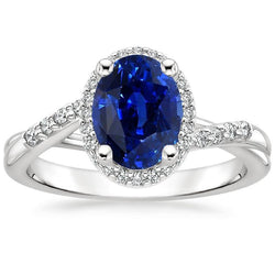 Bague Halo Twist Style Ovale Bleu Saphir & Diamants 3.75 Carats