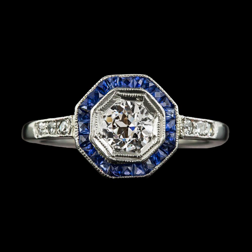 Bague Halo Vieux mineur Diamant Bleu Saphir Pierre Gemme 3 Carats Millgrain - HarryChadEnt.FR