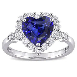 Bague Halo avec cœur en saphir bleu et diamant rond 4.50 carats en or 14 carats