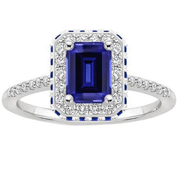 Bague Halo de Diamants avec Saphirs Bleus sur le Côté Emeraude 4.25 Carats