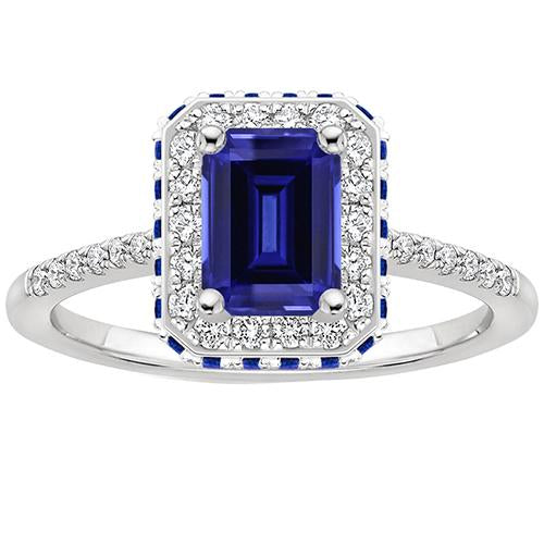 Bague Halo de Diamants avec Saphirs Bleus sur le Côté Emeraude 4.25 Carats - HarryChadEnt.FR