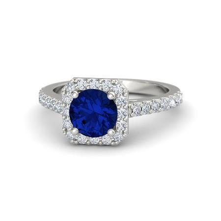 Bague Halo de Saphir de Ceylan et de Diamants de 2.70 Ct Or Blanc 14K - HarryChadEnt.FR