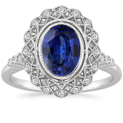 Bague Halo de style antique sertie de saphir bleu avec diamants 4 carats