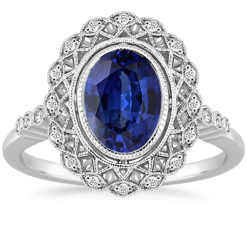 Bague Halo de style antique sertie de saphir bleu avec diamants 4 carats - HarryChadEnt.FR