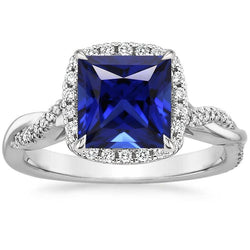 Bague Halo diamant femme sertie de griffes saphir bleu princesse 6 carats pavé