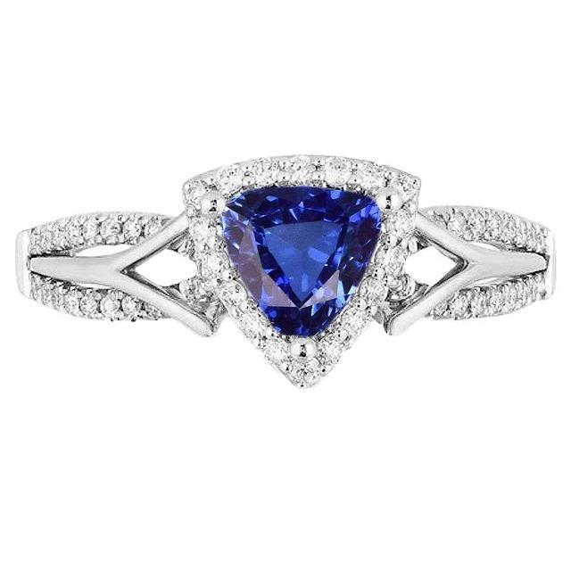 Bague Halo diamant pour femme 3 carats trillion bleu saphir tige fendue - HarryChadEnt.FR