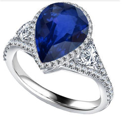 Bague Halo en or saphir bleu avec pierres latérales en diamant 4.50 carats