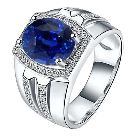 Bague Halo pour Homme 4 Carats Diamant Ovale & Saphir Bleu Bijou Or 14K