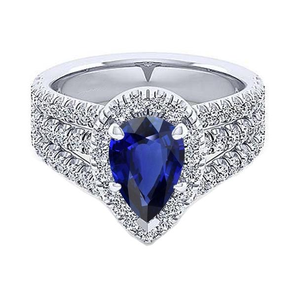 Bague Halo sertie de griffes saphir bleu poire et diamant triple tige 5 carats - HarryChadEnt.FR