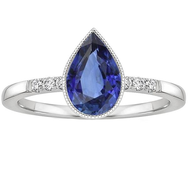 Bague Halo sertie lunette poire saphir du Sri Lanka & diamants 2.50 carats - HarryChadEnt.FR