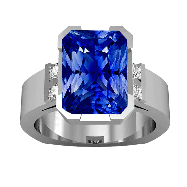 Bague Homme Saphir Bleu 4 Carats Bar Sertie Or Princesse Diamants