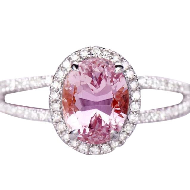 Bague Kunzite Ovale Avec Diamants Ronds 19.50 Ct Or Blanc 14K - HarryChadEnt.FR