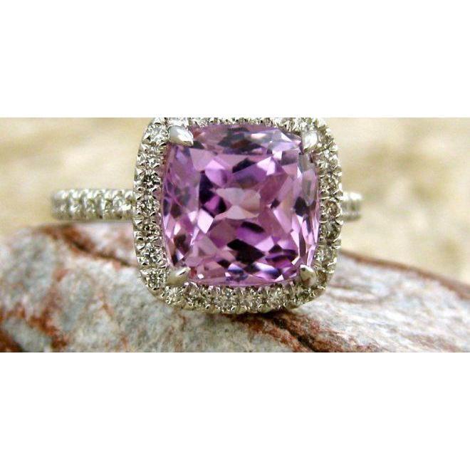 Bague Kunzite Rose Et Diamant Taille Coussin Or Blanc 14K 30.40 Ct - HarryChadEnt.FR