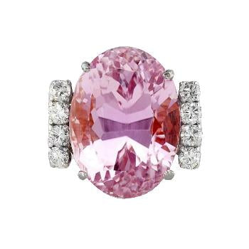 Bague Kunzite Rose Et Diamants 17.80 Carats Or Blanc 14K - HarryChadEnt.FR