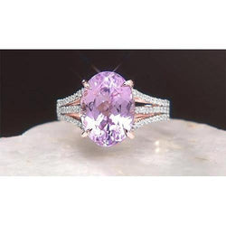 Bague Kunzite Rose Taille Ovale 18 Carats Et Diamants Ronds Bijoux Blancs
