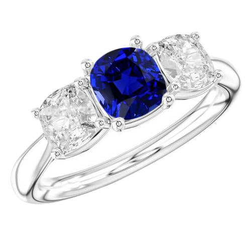 Bague Mariage Femme Trois Pierres Coussin Saphir & Diamants 2.50 Carats - HarryChadEnt.FR