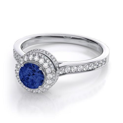 Bague Mariage Saphir Et Diamant Bijoux Or Blanc 3 Ct Taille Ronde - HarryChadEnt.FR