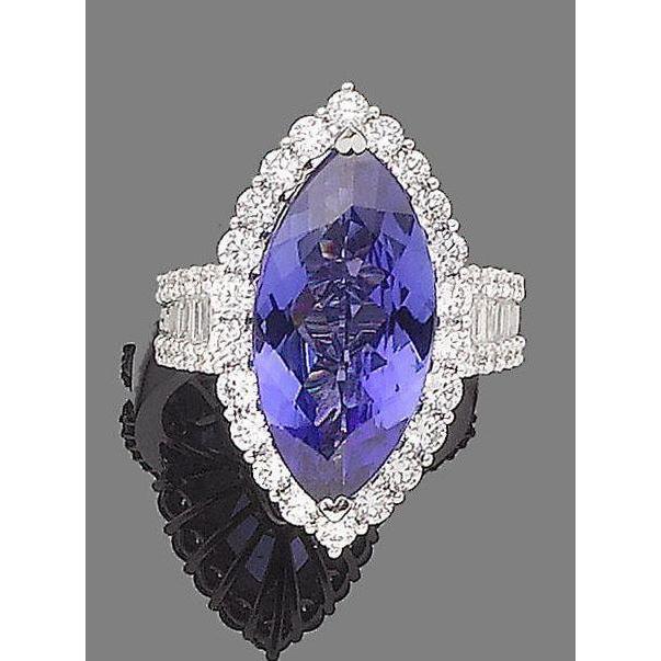 Bague Marquise Tanzanite Et Diamant 17.25 Ct Or Blanc 14K - HarryChadEnt.FR