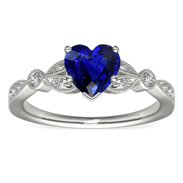 Bague Miligrain Saphir Bleu Profond Diamant Rond 3 Carats Style Feuille