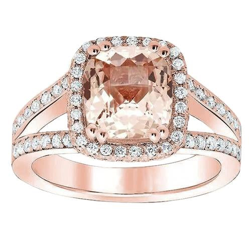 Bague Morganite Coussin 15 Ct Et Diamants Ronds Or Rose 14K - HarryChadEnt.FR