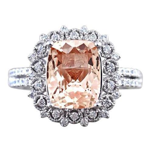 Bague Morganite Coussin Et Diamants 6.50 Ct Or 14K - HarryChadEnt.FR