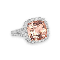 Bague Morganite coussin 15.25 ct avec diamants ronds en or blanc 14 carats