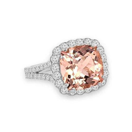 Bague Morganite coussin 15.25 ct avec diamants ronds en or blanc 14 carats - HarryChadEnt.FR