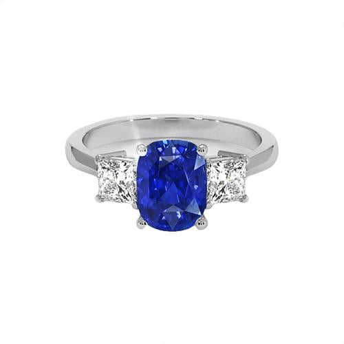 Bague Or 3 Pierres Coussin Saphir Bleu & Diamant Princesse 6.50 Carats - HarryChadEnt.FR