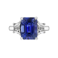 Bague Or 3 Pierres Emeraude Saphir Bleu & Diamants Trapèze 4 Carats