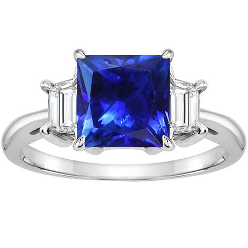 Bague Or 3 Pierres Saphir Bleu Princesse & Diamants Trapèze 4 Carats - HarryChadEnt.FR