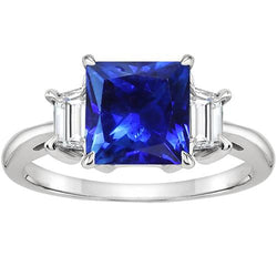 Bague Or 3 Pierres Saphir Bleu Princesse & Diamants Trapèze 4 Carats