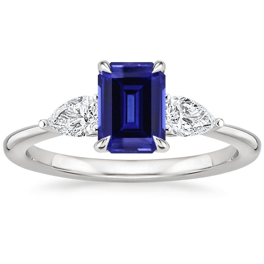 Bague Or 3 Pierres Taille Émeraude Saphir Bleu & Diamant Poire 3.50 Carats - HarryChadEnt.FR