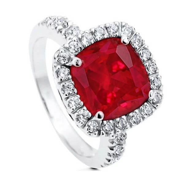 Bague Or Blanc 14K 4 Carats Rubis Coussin Et Diamants Taille Ronde - HarryChadEnt.FR