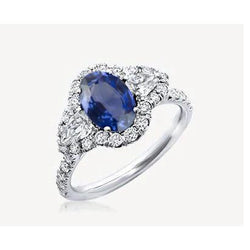 Bague Or Blanc 14K 4.20 Ct Saphir Sri Lankais Diamants Nouveau