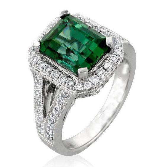 Bague Or Blanc 14K 9 Ct Tourmaline Verte Et Diamants Neuf - HarryChadEnt.FR