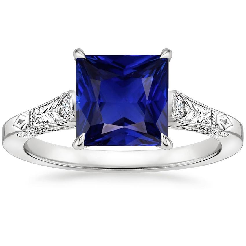 Bague Or Blanc 3 Pierres Diamant & Saphir Bleu Princesse 5.25 Carats - HarryChadEnt.FR