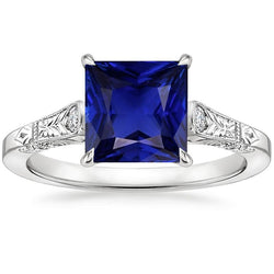 Bague Or Blanc 3 Pierres Diamant & Saphir Bleu Princesse 5.25 Carats
