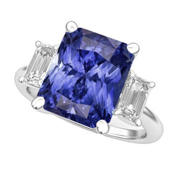 Bague Or Blanc 3 Pierres Émeraude Diamant Saphir Bleu Radiant 5 Carats