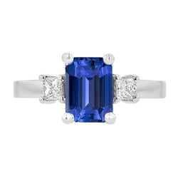 Bague Or Blanc 3 Pierres Saphir Bleu & Diamants Princesse 2.50 Carats